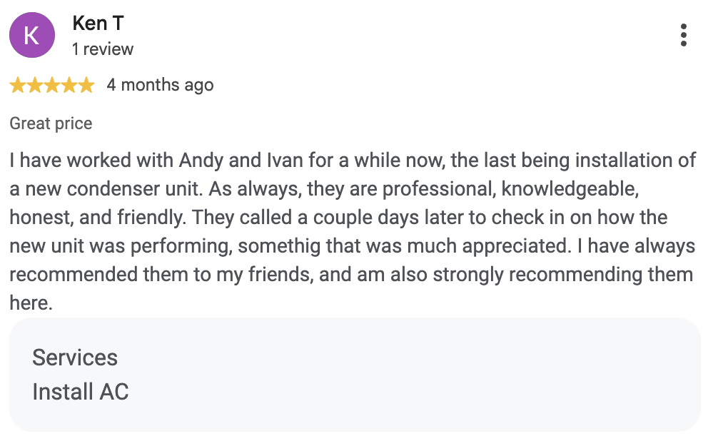 Google review from Ken T